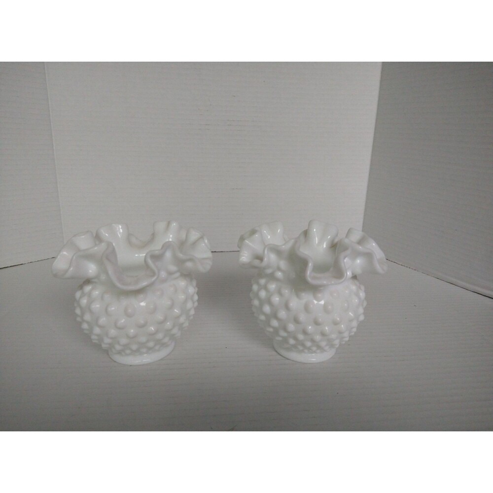 Set of 2 Fenton Milk Glass White Hobnail Ruffled Edge Small Bowl Vases Opaque